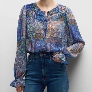 Ramy Brook Ariel Blouse Smocked Sheer Long Sleeve Top Button Down Size Small S